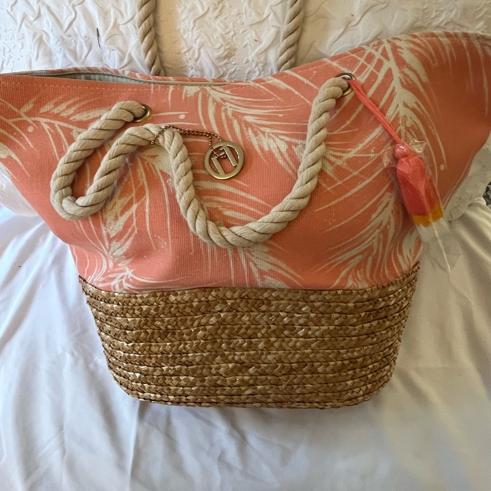 Tropical Coral and Tan Beach Tote